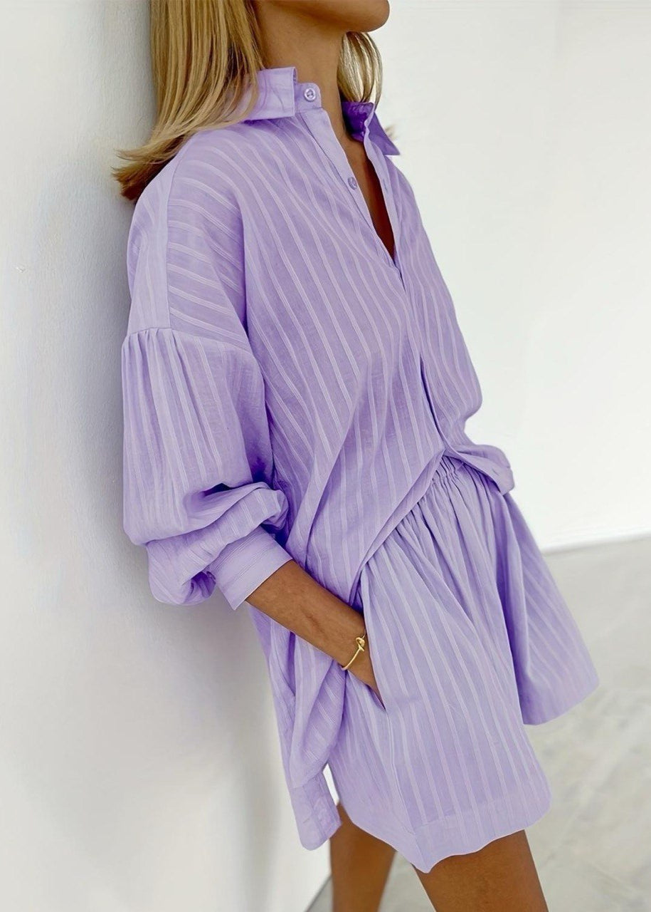 Lilac Drift - Striped Cotton Shirt and Shorts Set