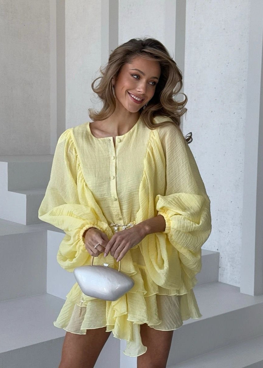 Solara Tiered Mini Dress – Sheer Ruffle Long Sleeve Look