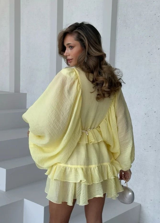 Solara Tiered Mini Dress – Sheer Ruffle Long Sleeve Look