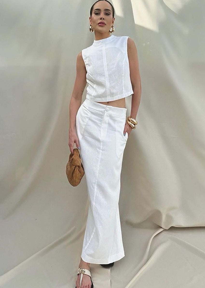Isla Linen Blend Set – Sleeveless Top & Front-Slit Maxi Skirt