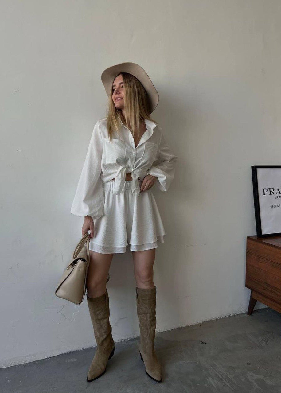 Alba Cotton Blend Set – Tie-Front Shirt & Flowy Shorts in White