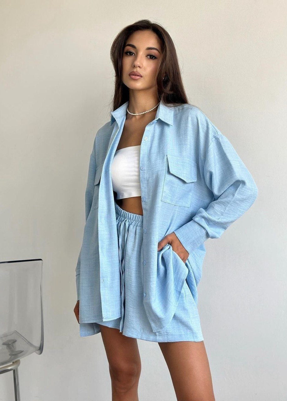 Noelle Beige Set – Button-Down Shirt & Drawstring Shorts
