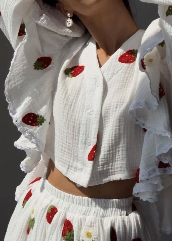 Lottie Strawberry Set – Ruffled Top & Skater Skirt in Gauze Cotton