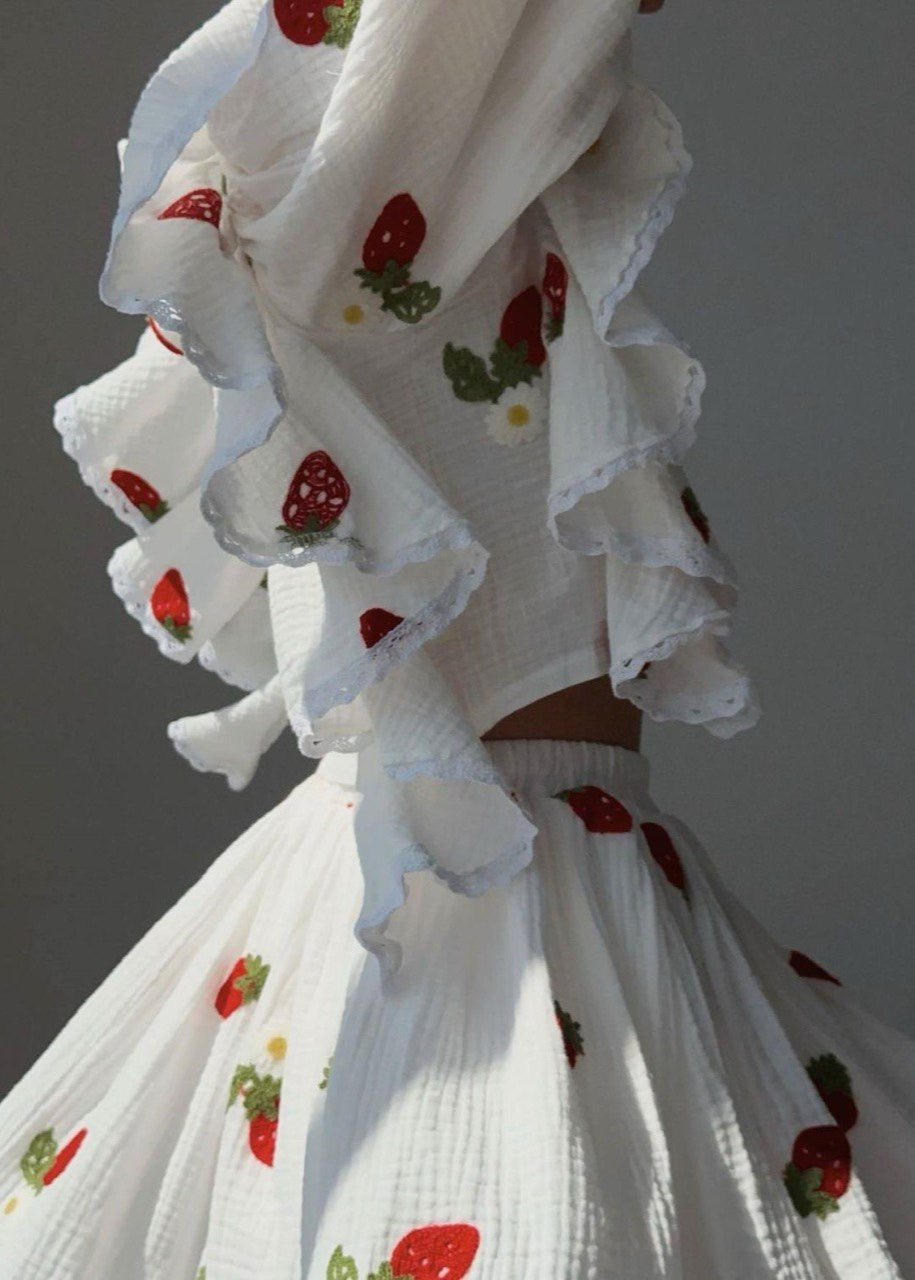 Lottie Strawberry Set – Ruffled Top & Skater Skirt in Gauze Cotton