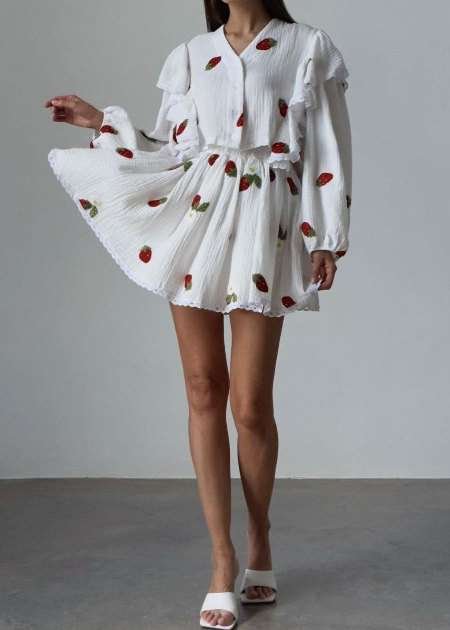 Lottie Strawberry Set – Ruffled Top & Skater Skirt in Gauze Cotton