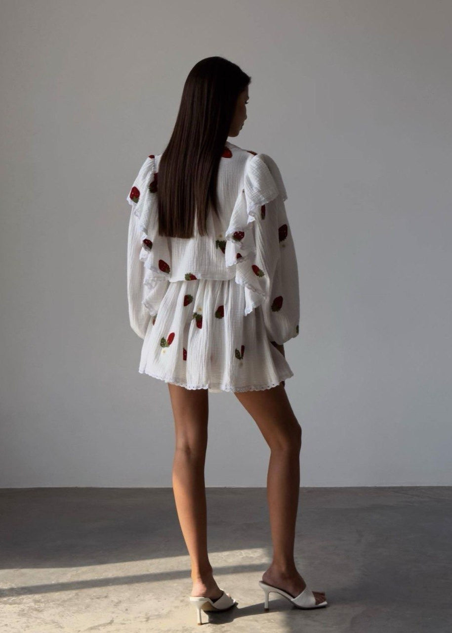Lottie Strawberry Set – Ruffled Top & Skater Skirt in Gauze Cotton