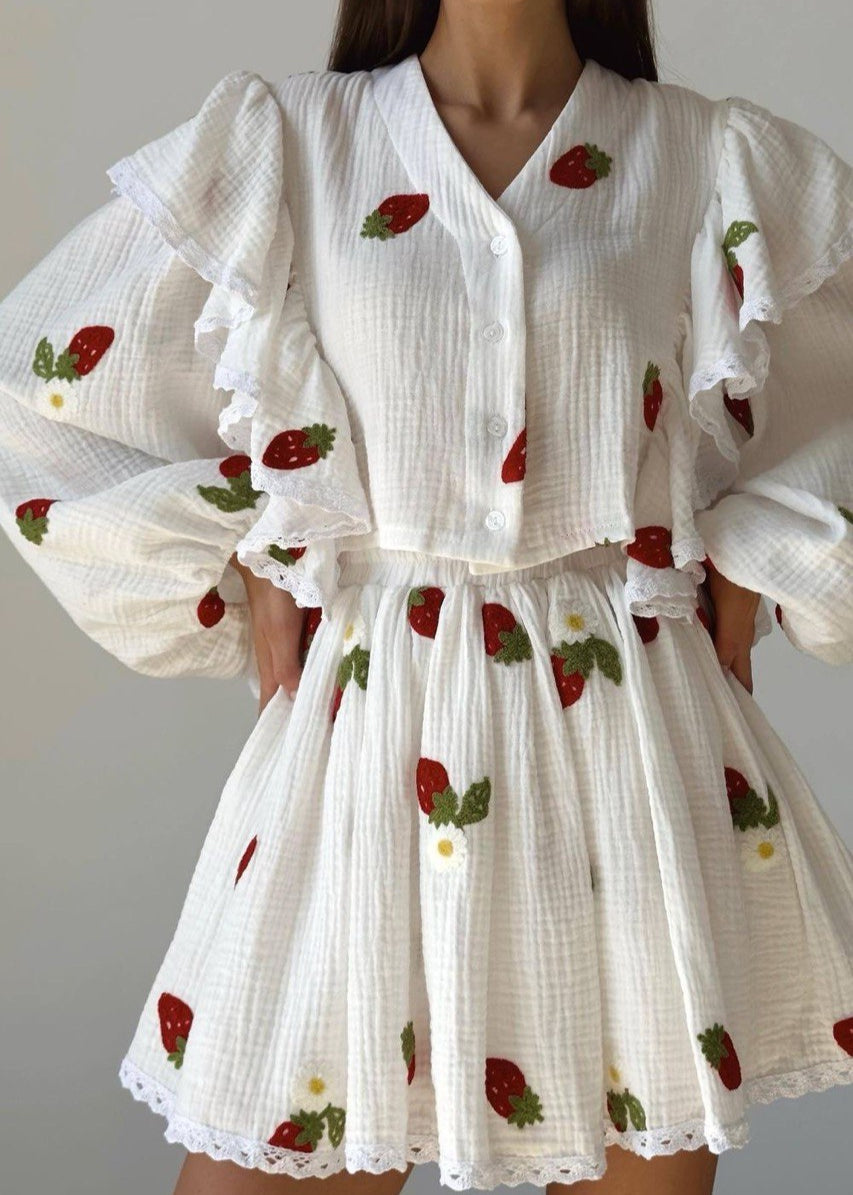 Lottie Strawberry Set – Ruffled Top & Skater Skirt in Gauze Cotton