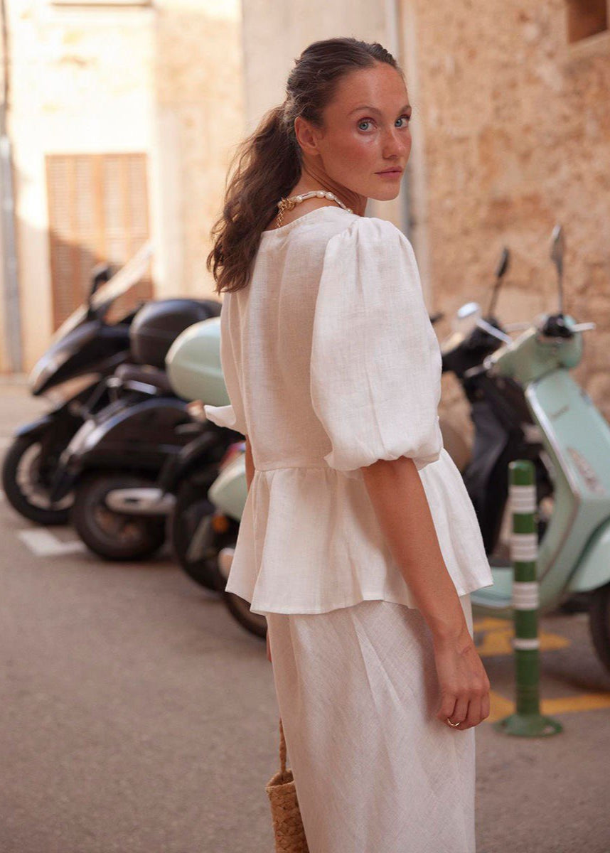 Verona - Cotton Peplum Set with Puff Sleeves and Maxi Skirt