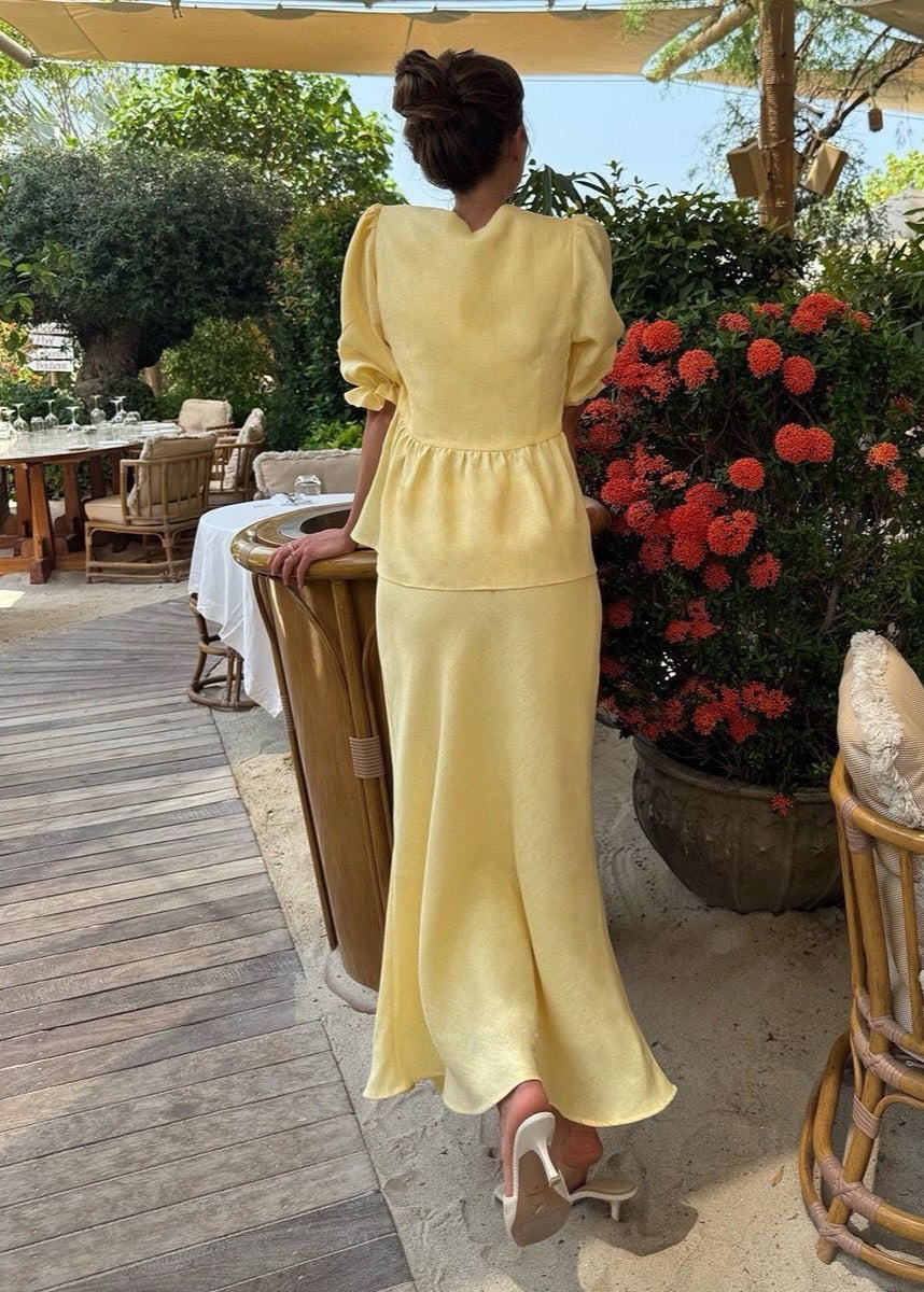 Solara - Puff Sleeve Cotton Set with Tie Waist and Maxi Skirt