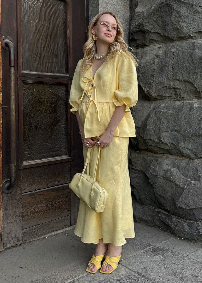 Solara - Puff Sleeve Cotton Set with Tie Waist and Maxi Skirt