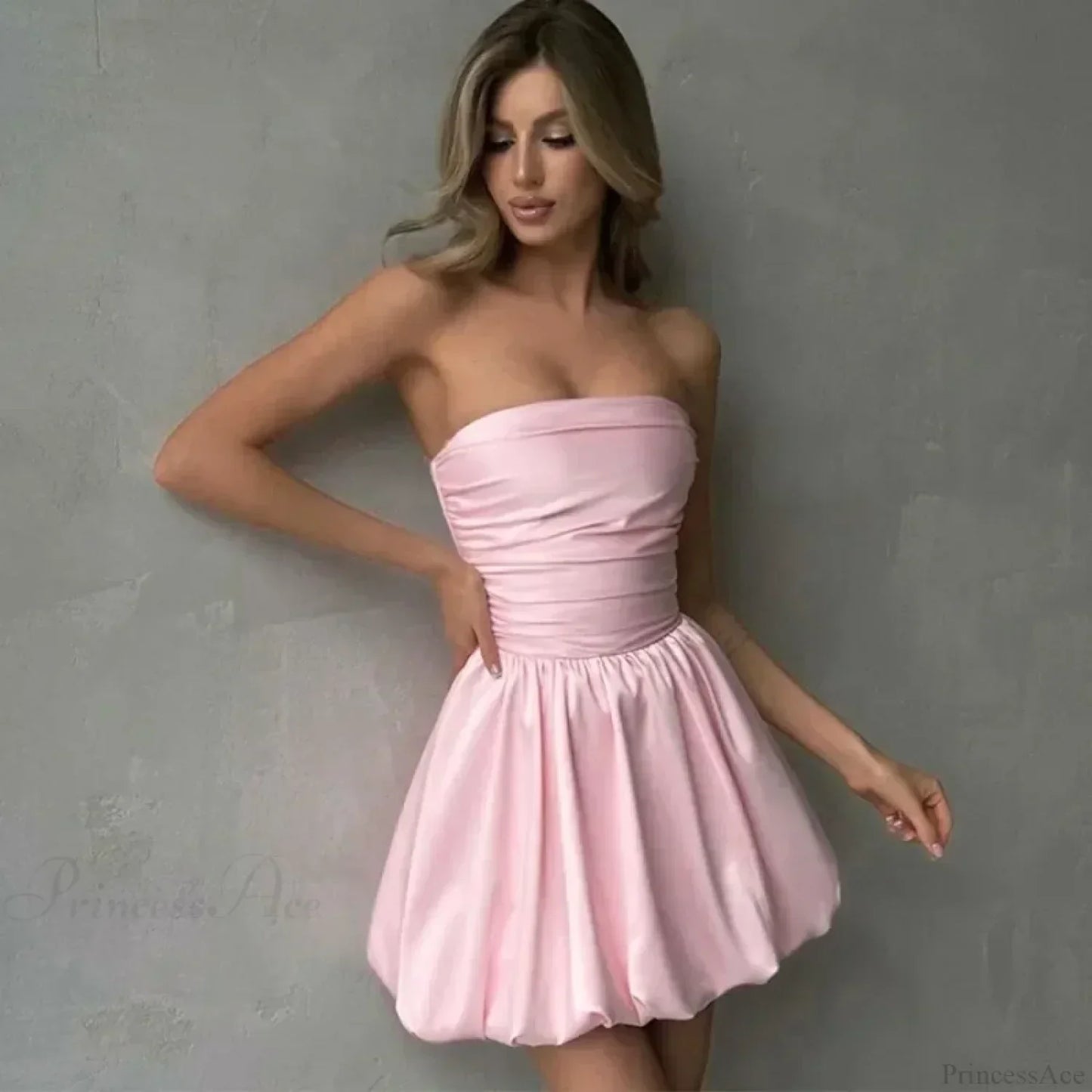 Strapless Ruched Bodice Bubble Hem Satin Mini Dress