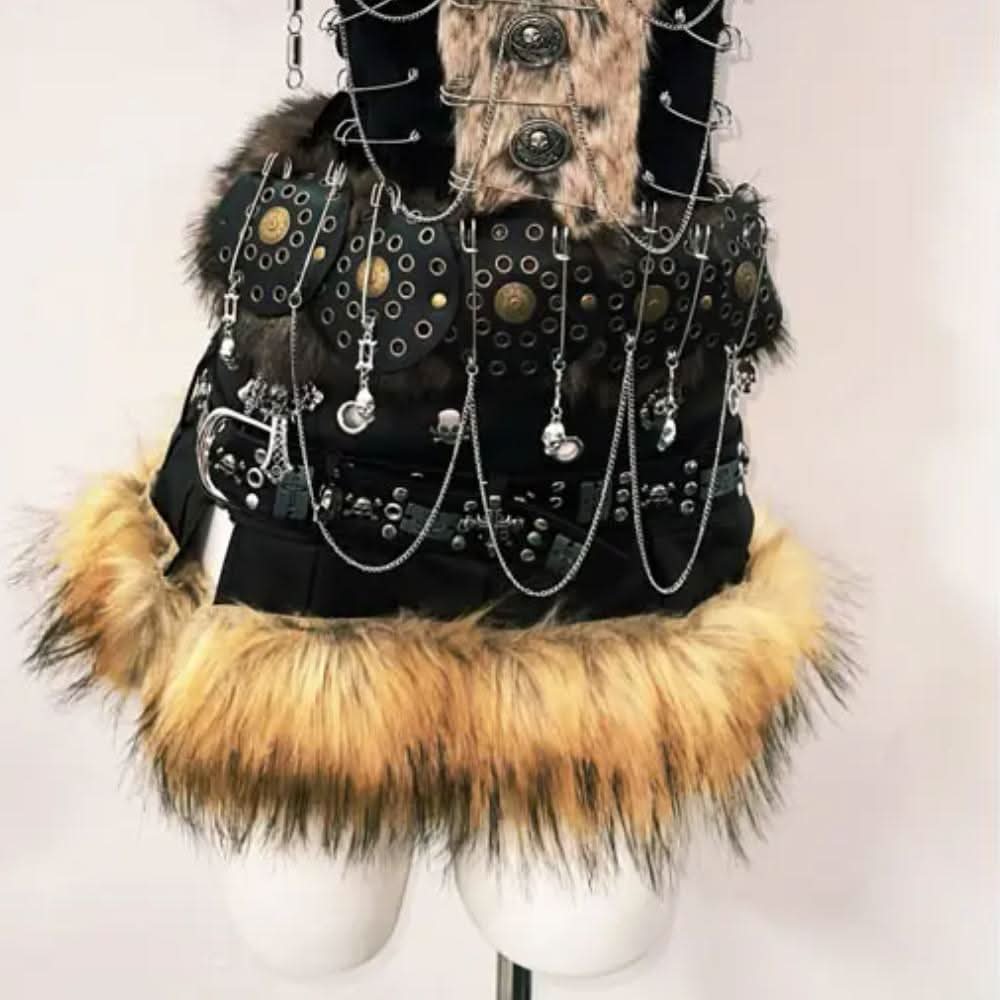 Fluffy metal chain buckle o ring cami mini skirt set