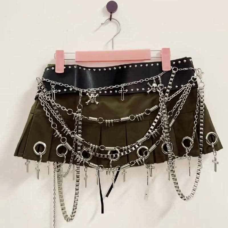 Pleated hollow out cross applique cut out mini skirt
