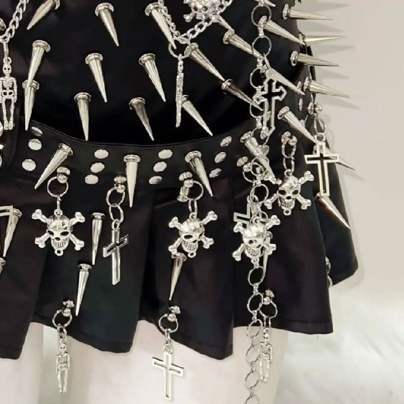Skull rivet applique PU leather pleated mini skirt set