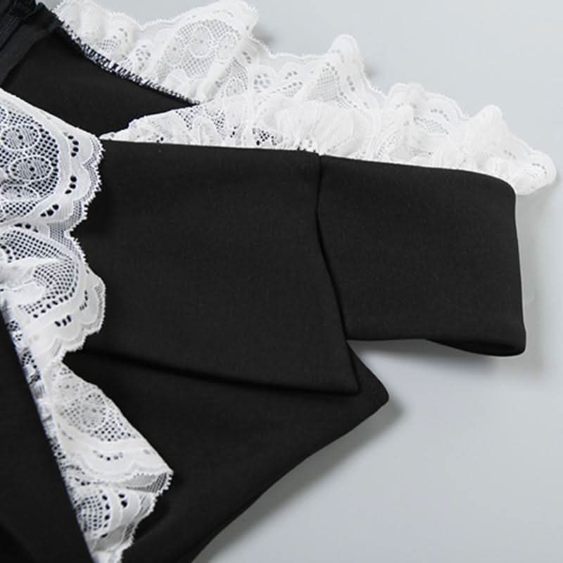 Off shoulder lace hem v neck zip-up bodysuit