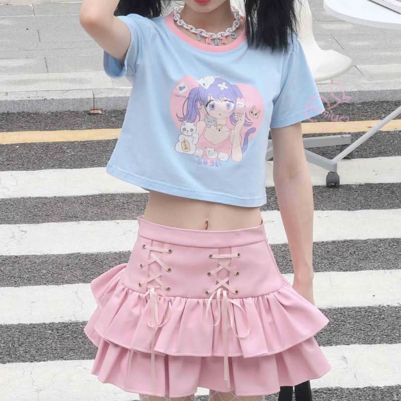 PU leather lace up ruffle mini skirt