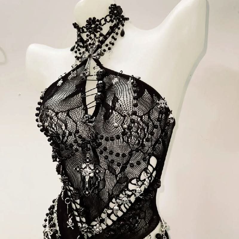 Halter hollow out beaded zip-up mini skirt set