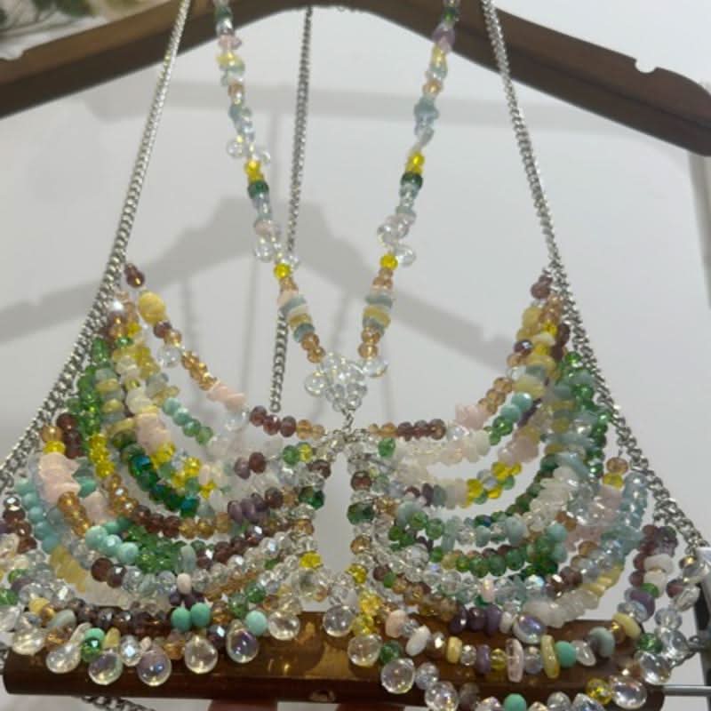 Halter metal chain hollow out beaded cut out top