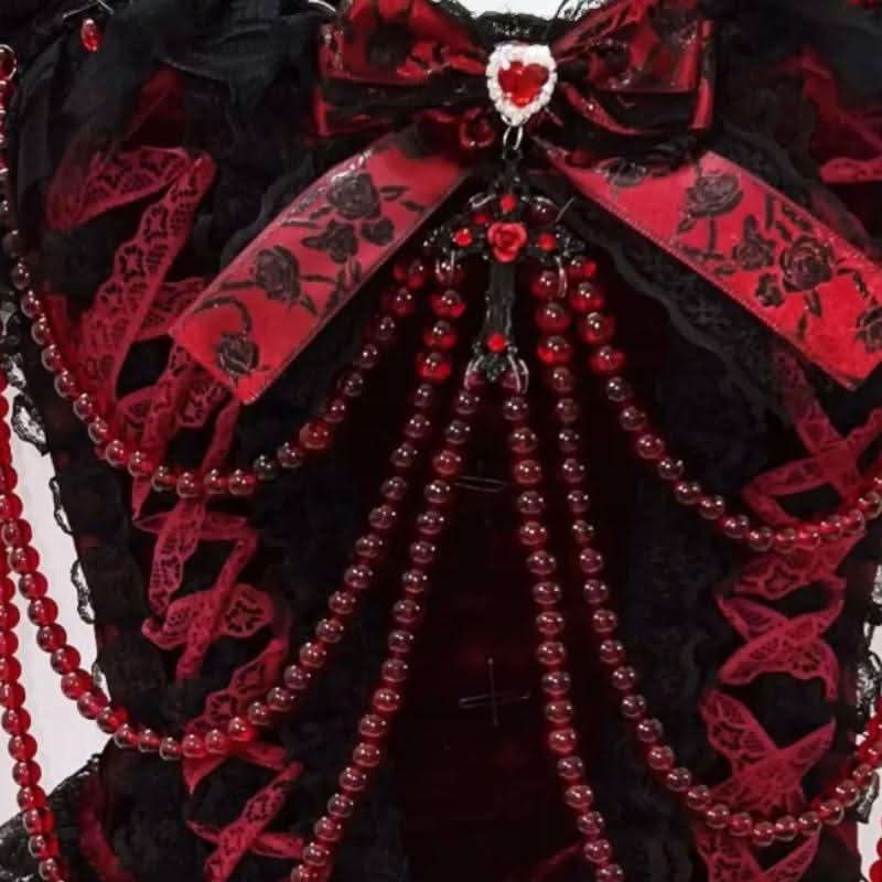 Bowknot beaded lace hem lace up v neck mini skirt set