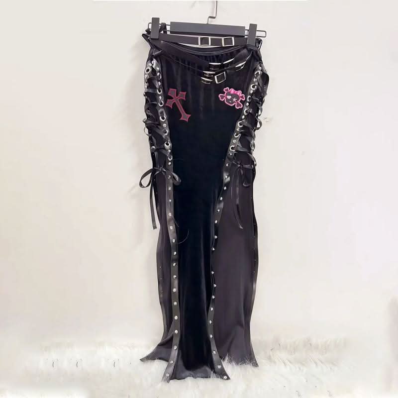 Lace up cross pattern contrast maxi skirt