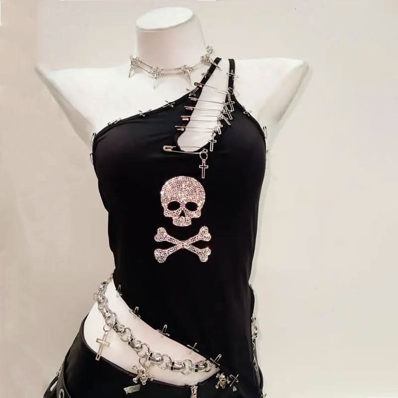 One shoulder beaded skull PU leather belt mini skirt set