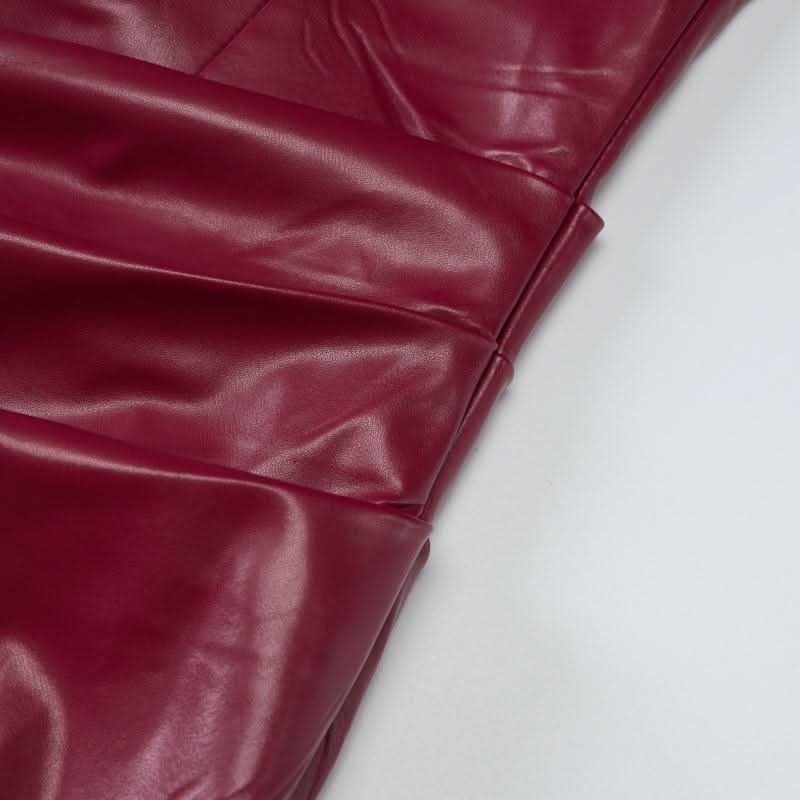 Slit zip-up PU leather pleated tube midi dress