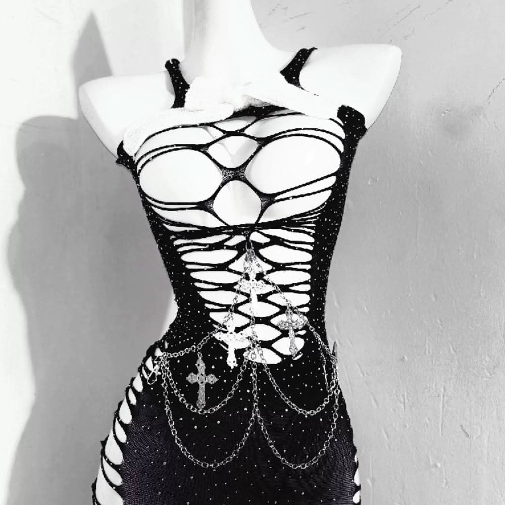 Hollow out beaded metal chain cami cut out mini dress