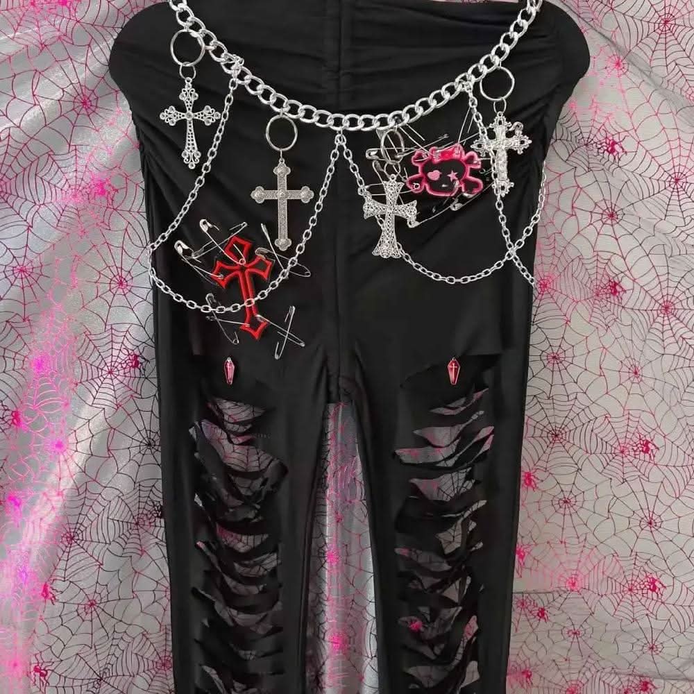 Hollow out metal chain self tie pant