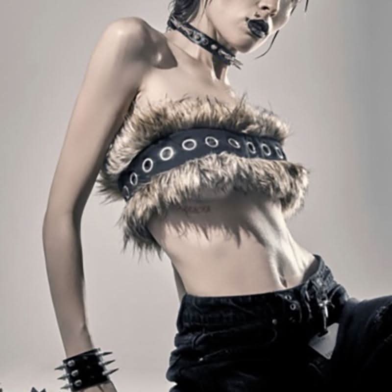 Fluffy backless contrast tube top