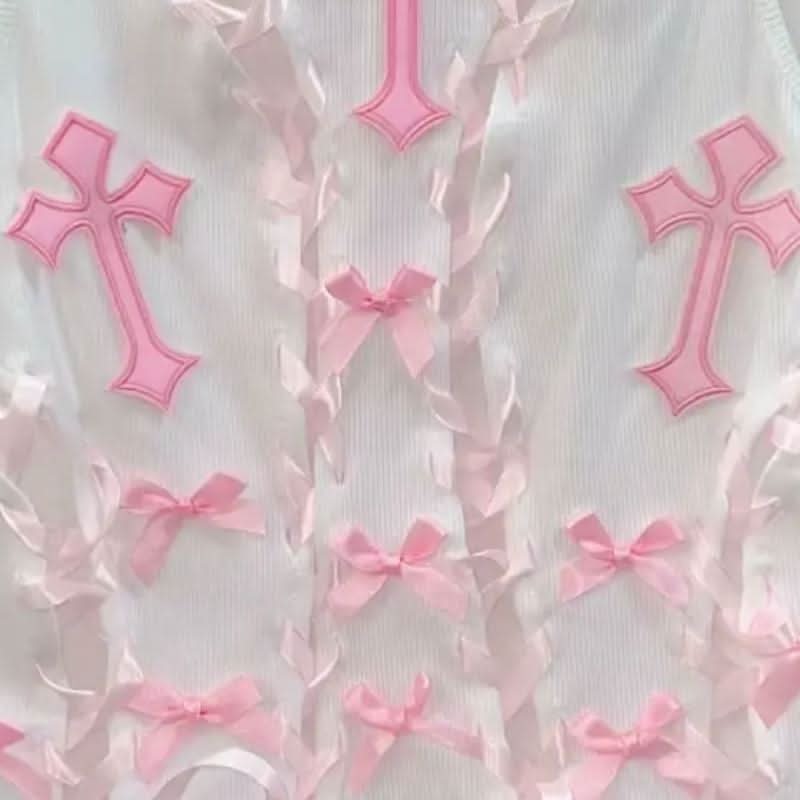 Crewneck bowknot cross pattern lace up ribbon top