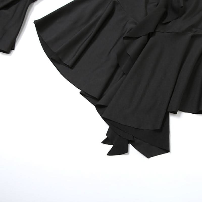 Long flared sleeve self tie v neck ruffle mini dress