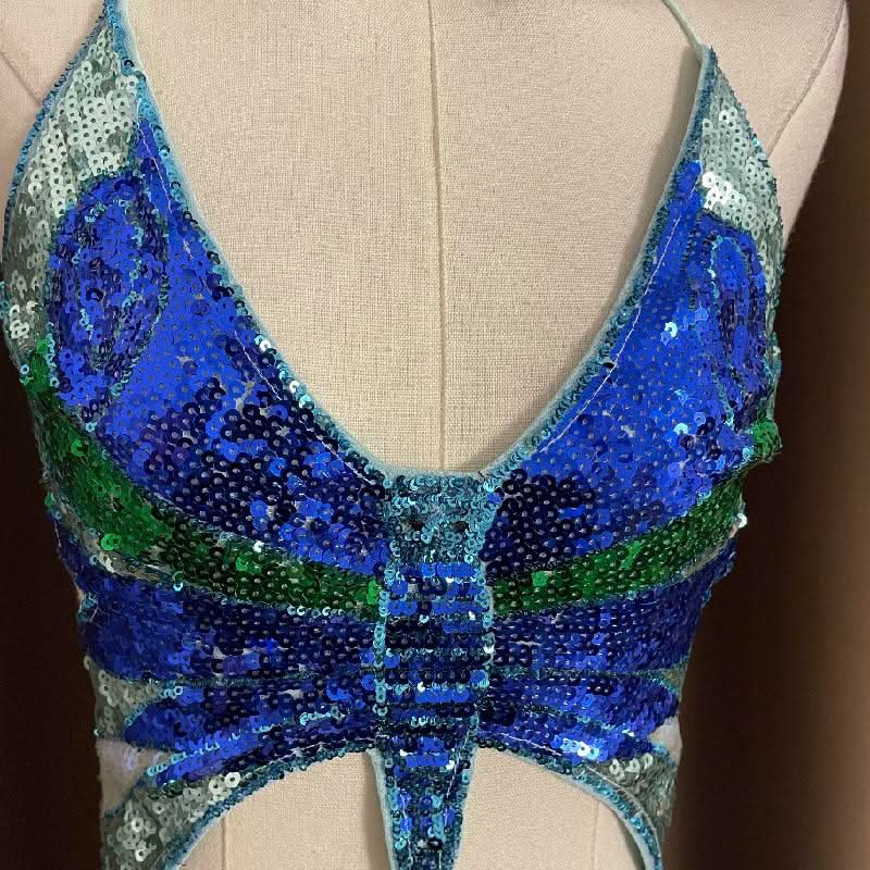 Halter glitter v neck butterfly pattern self tie crop top