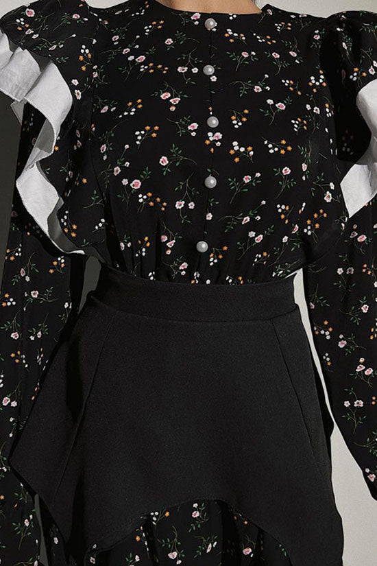 Ruffle Shoulder Crew Neck Button Front Belted Floral Midi Dress