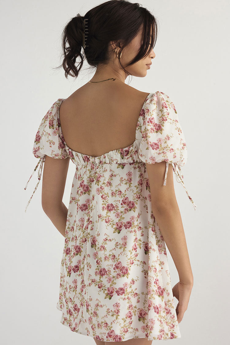 Floral Print Square Neck Keyhole Tie Puff Sleeve Empire Waist Babydoll Mini Dress