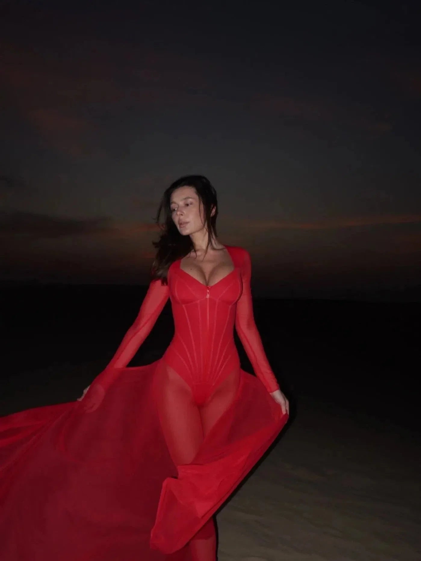 Mariam Full Sleeve Mesh See Through V Neck Jumpsuit