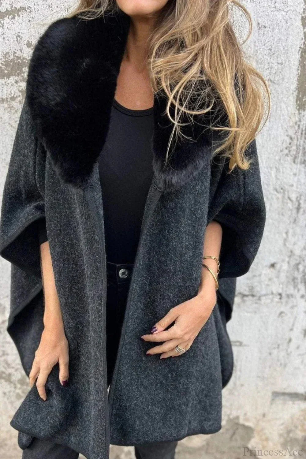 Relaxed Long Sleeve Wide Lapel Fur Collar Cape Overcoat