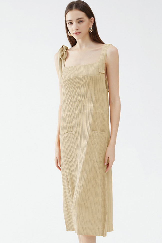 Square Neck Tie Shoulder Ribbed Patch Pocket Column Midi Dress