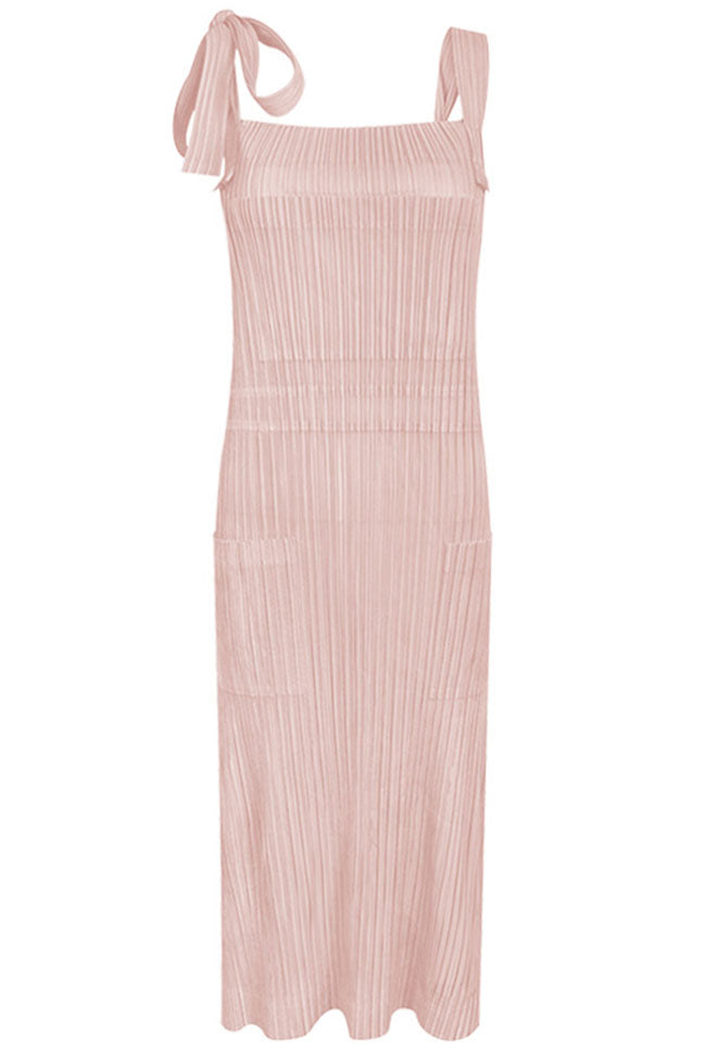 Square Neck Tie Strap Pocketed Pleated Midi Dress