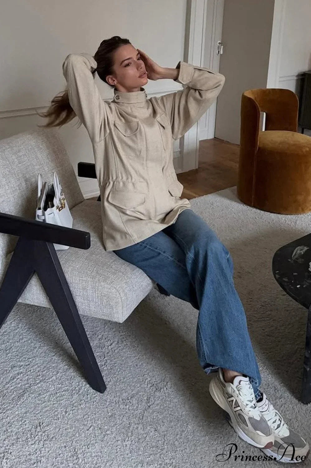 Retro Solid Collared Elastic-Waist Long-Sleeve Trench Jacket