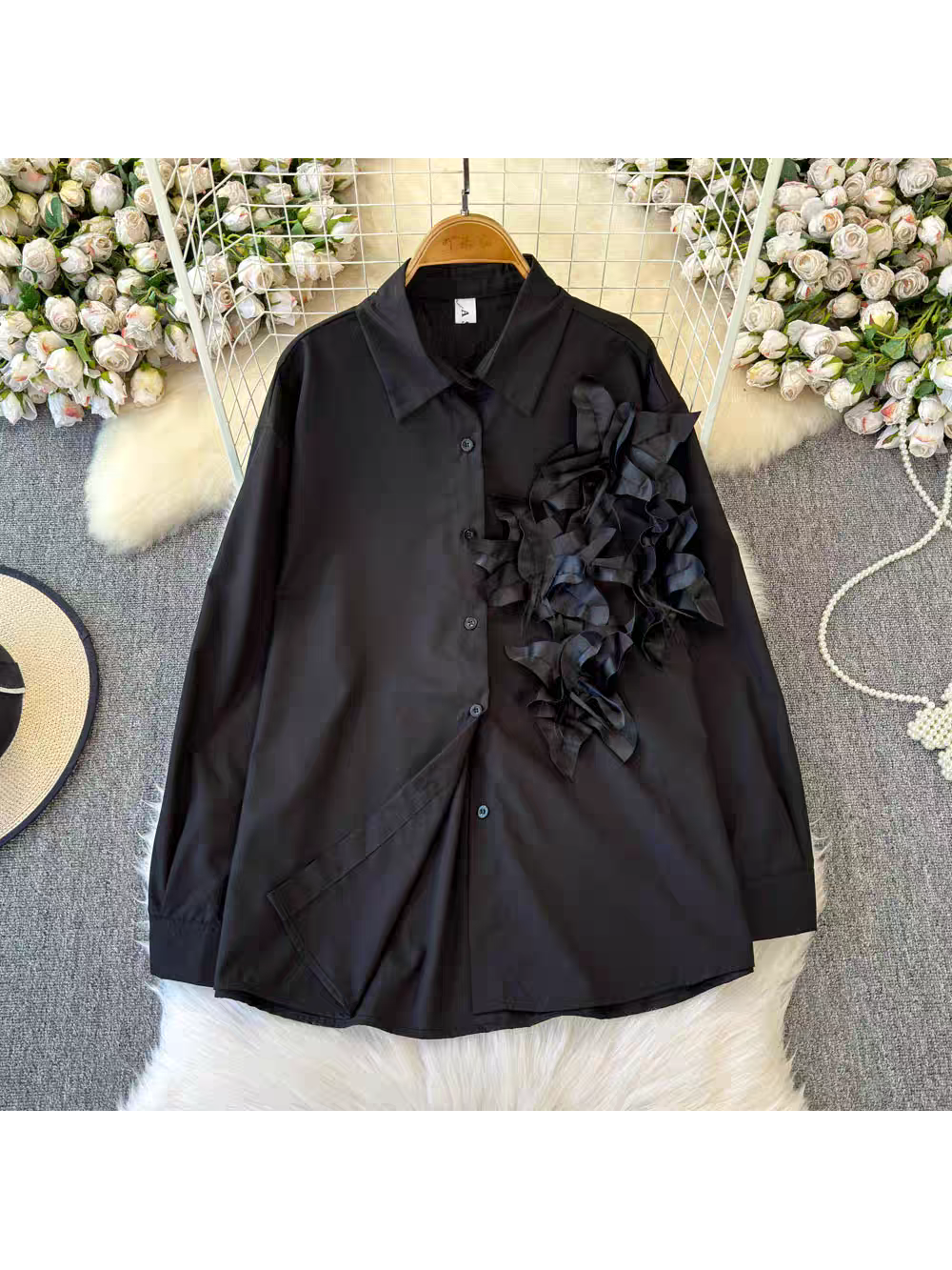 Black Flower Applique Oversized fit Shirt dress