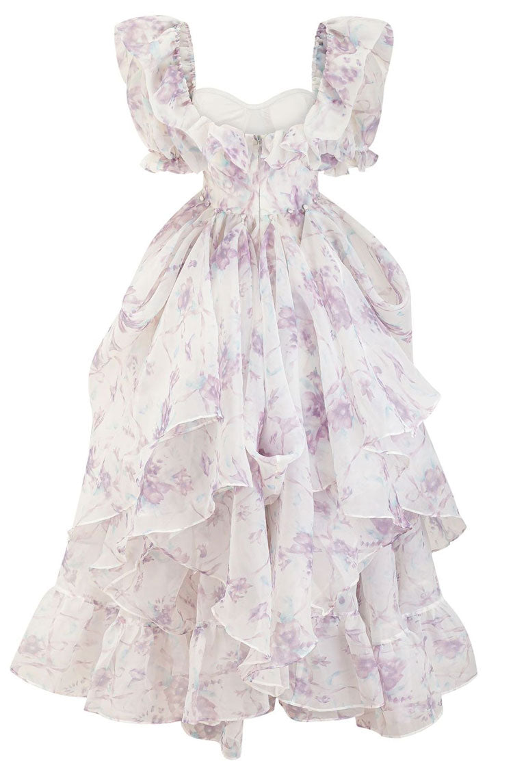 Puff Sleeve Floral Print Organza Tiered Ruffle High Split Maxi Gown