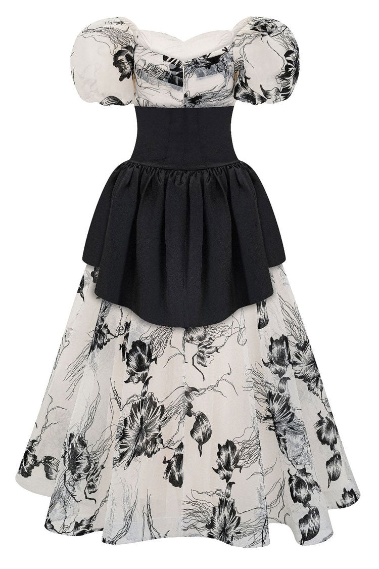 Off-Shoulder Puff Sleeve Floral Organza Lace-Up Corset Belt Peplum Maxi Dress