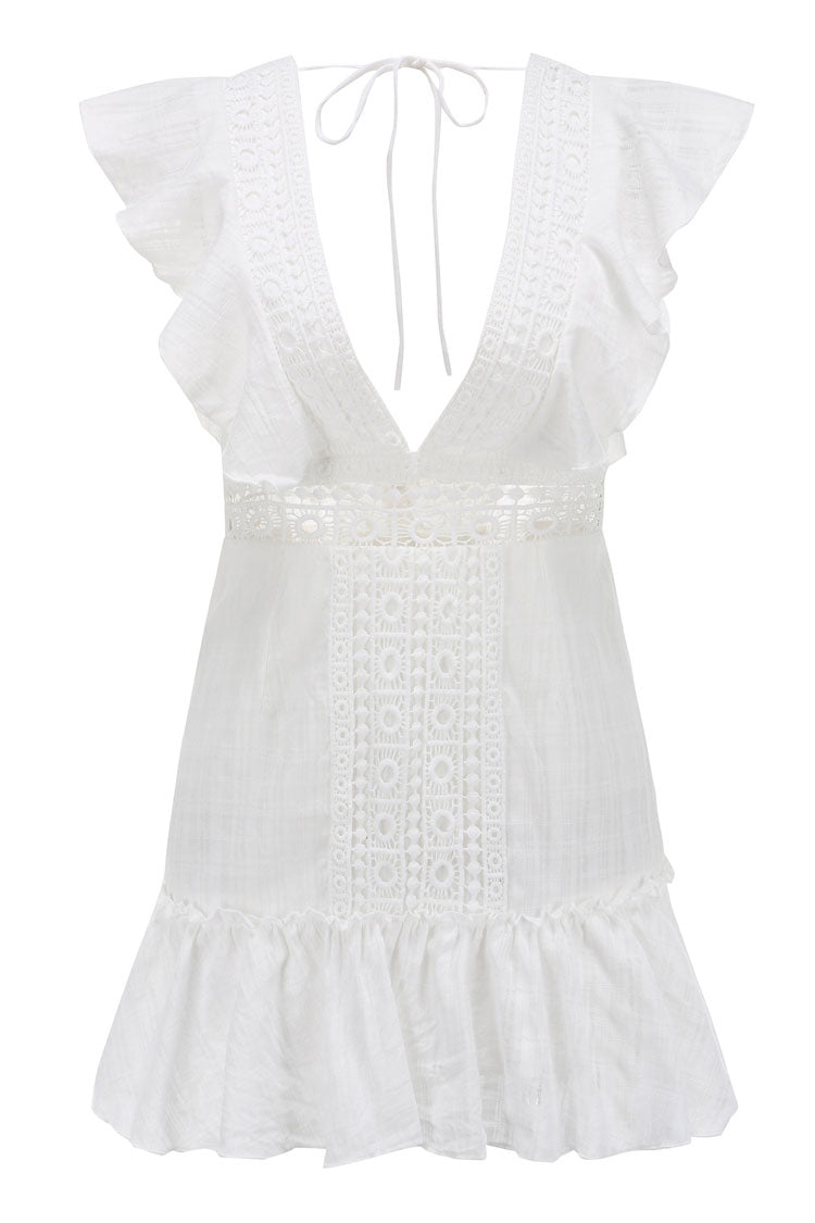 Deep V Neck Flutter Sleeve Crochet Lace Trim Ruffle Hem Mini Dress