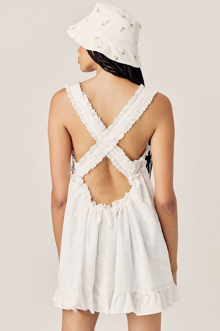 Eyelet Lace Floral Embroidered Square Neck Babydoll Ruffle Hem Mini Dress