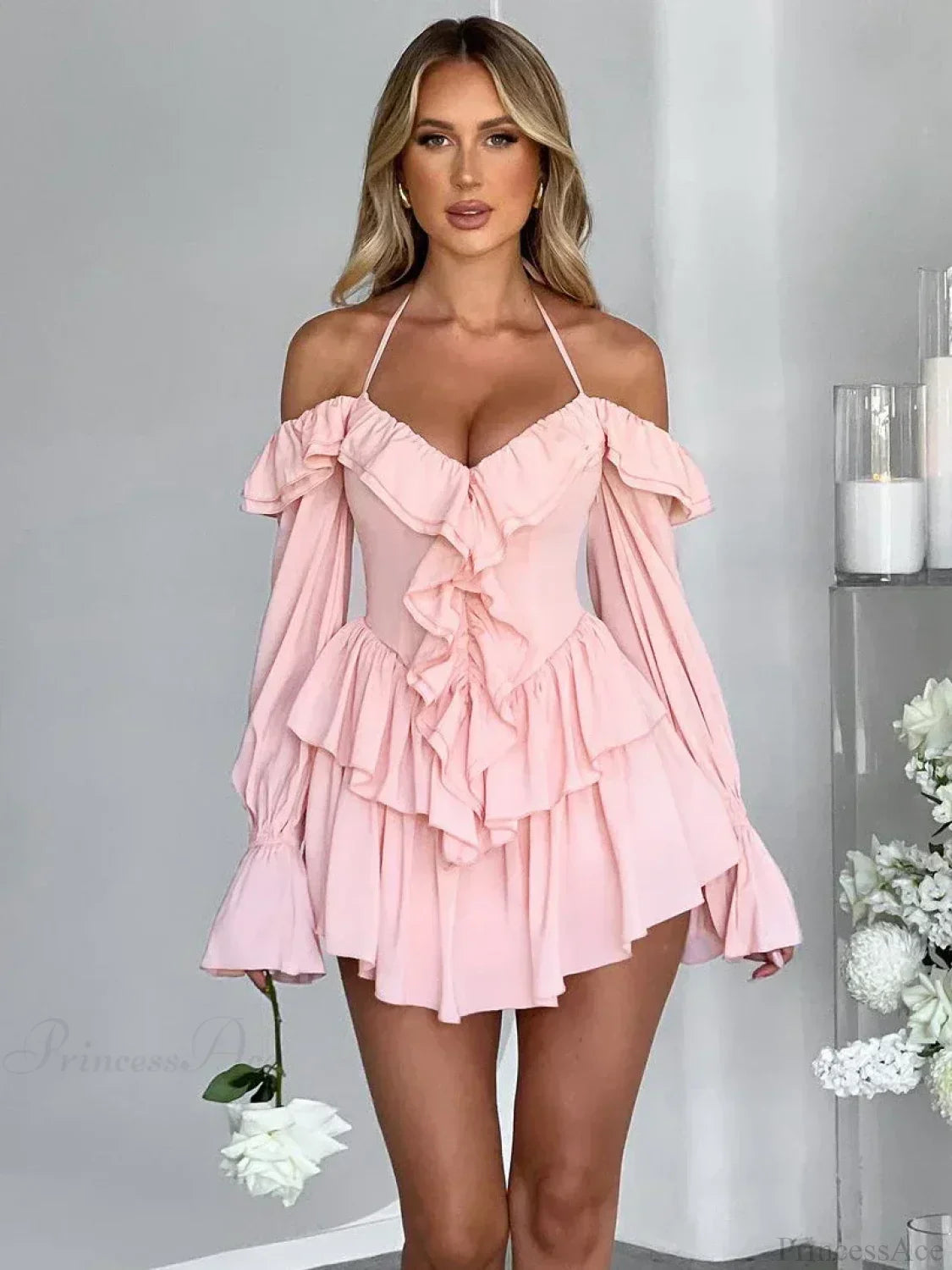 Halter Neck Plunge V-Neck Ruffle Trim Cold-Shoulder Bell Sleeve Tiered Mini Dress