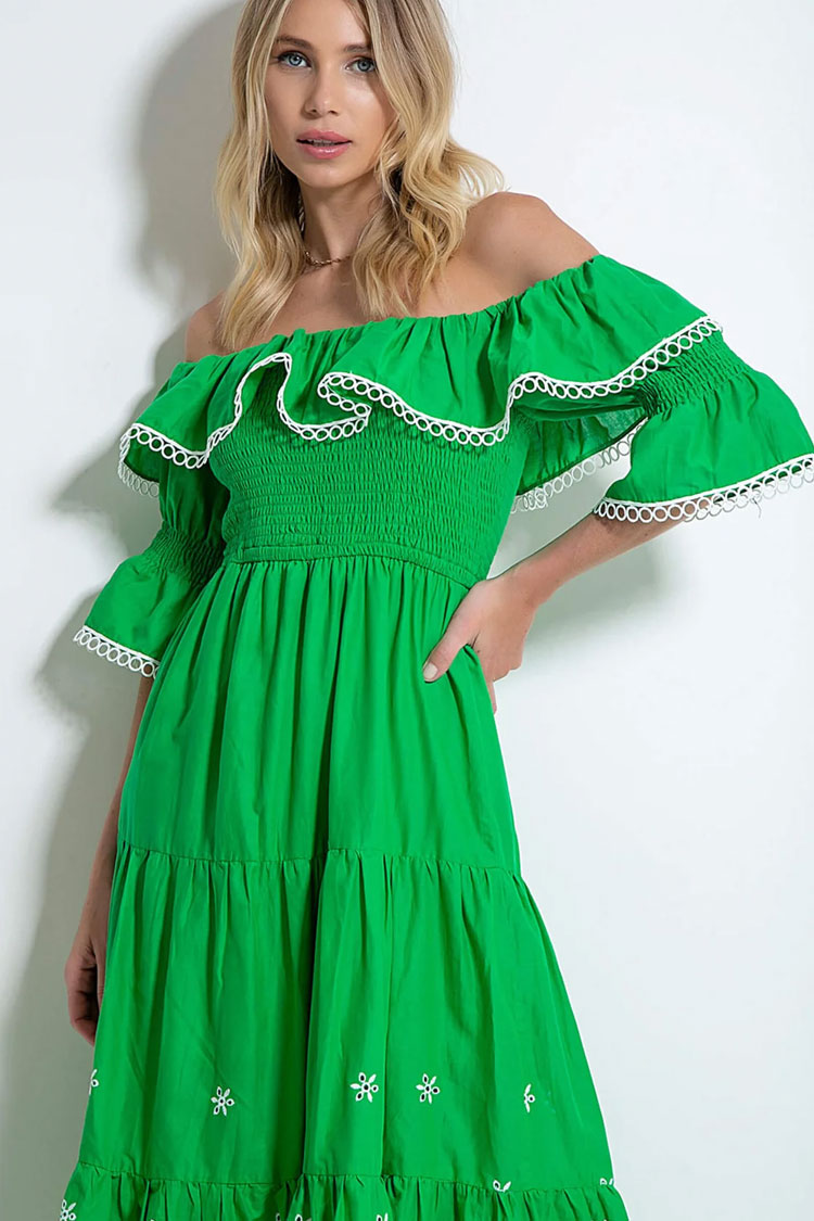Off Shoulder Smocked Embroidered Floral Tiered Maxi Dress