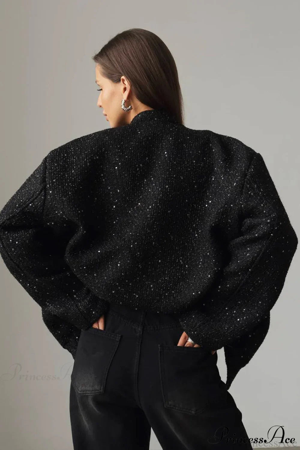Sequin Metallic Stand Collar Loose Fashion Coat