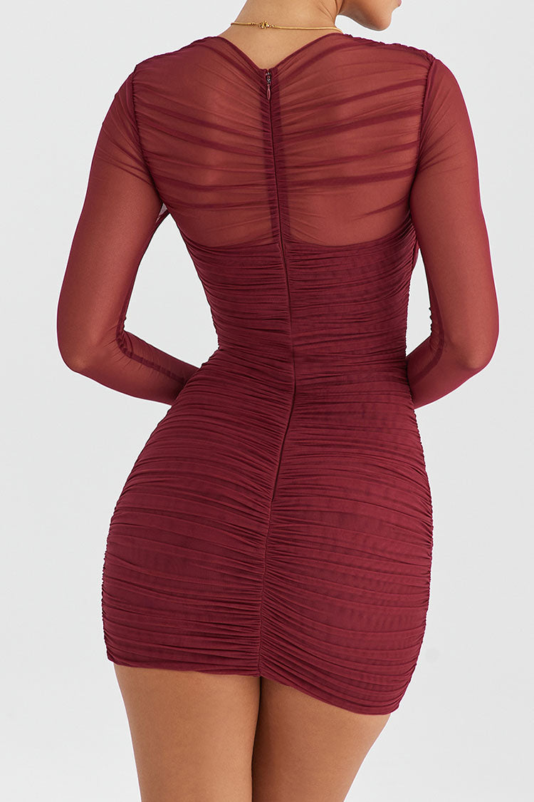 Sheer Mesh Cross-Front Ruched Long Sleeve Bodycon Mini Dress