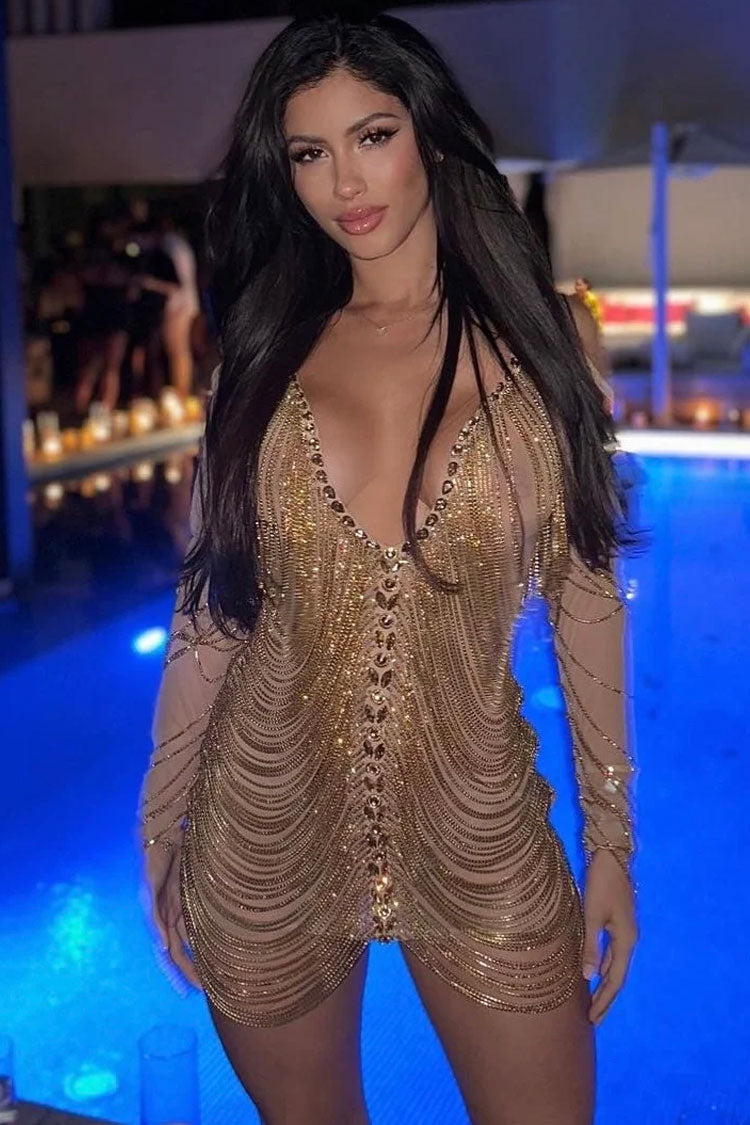 Deep V Cold Shoulder Chain Drape Rhinestone Trim Sheer Mesh Mini Dress