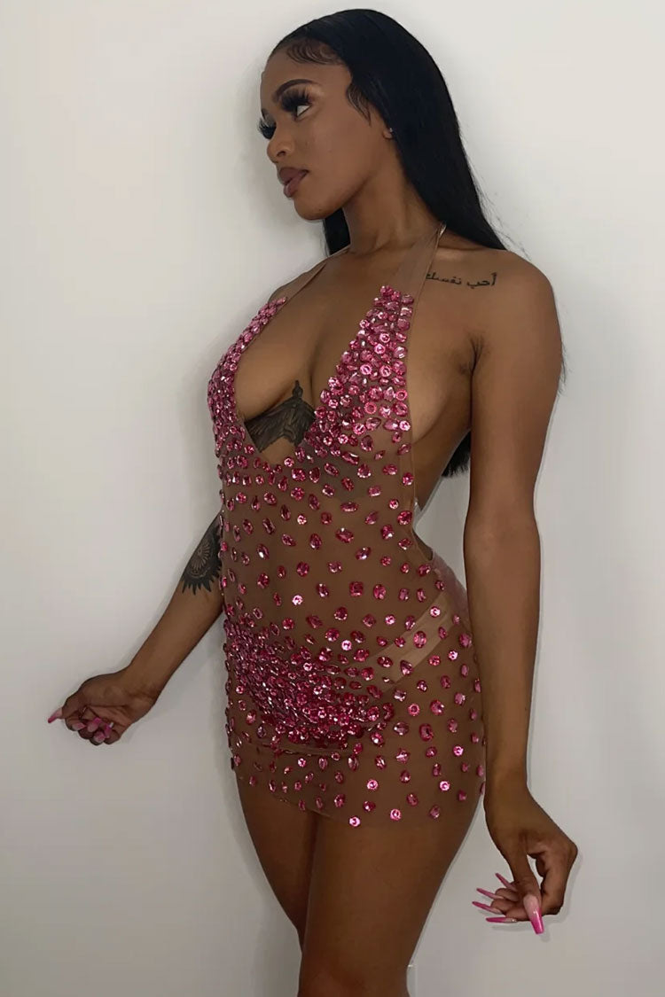 Halter Neck Sheer Mesh Rhinestone Embellished Bodycon Mini Dress